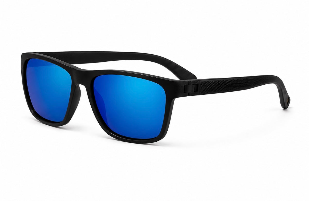 Black sunglasses with blue lenses on a white background