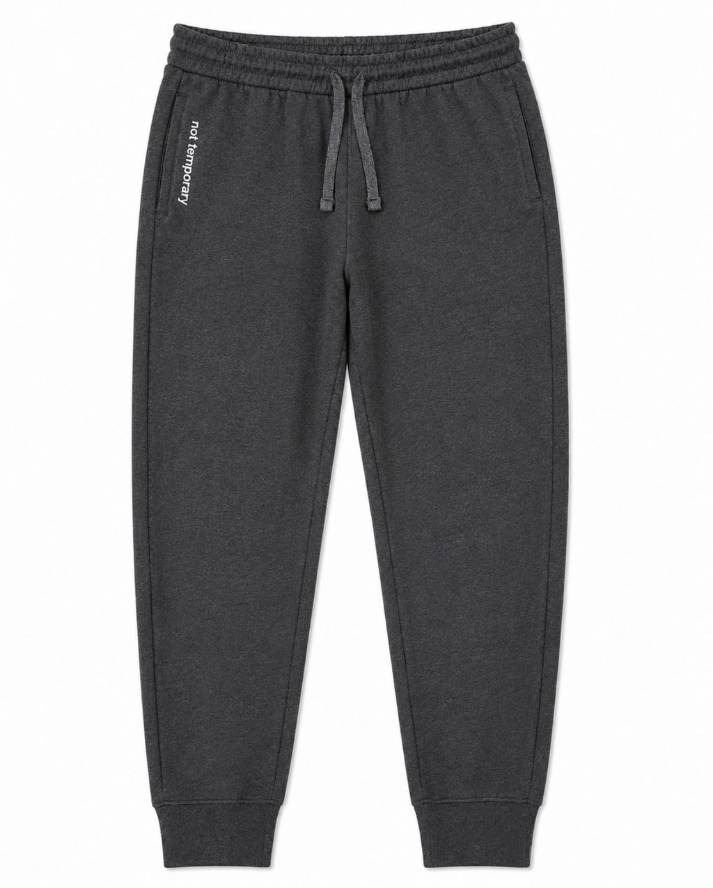 Dark gray heather jogger sweatpants with an elastic drawstring waist and ribbed cuffs, featuring a small white vertical logo on the right leg.