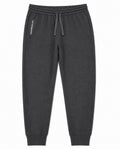 Dark gray heather jogger sweatpants with an elastic drawstring waist and ribbed cuffs, featuring a small white vertical logo on the right leg.