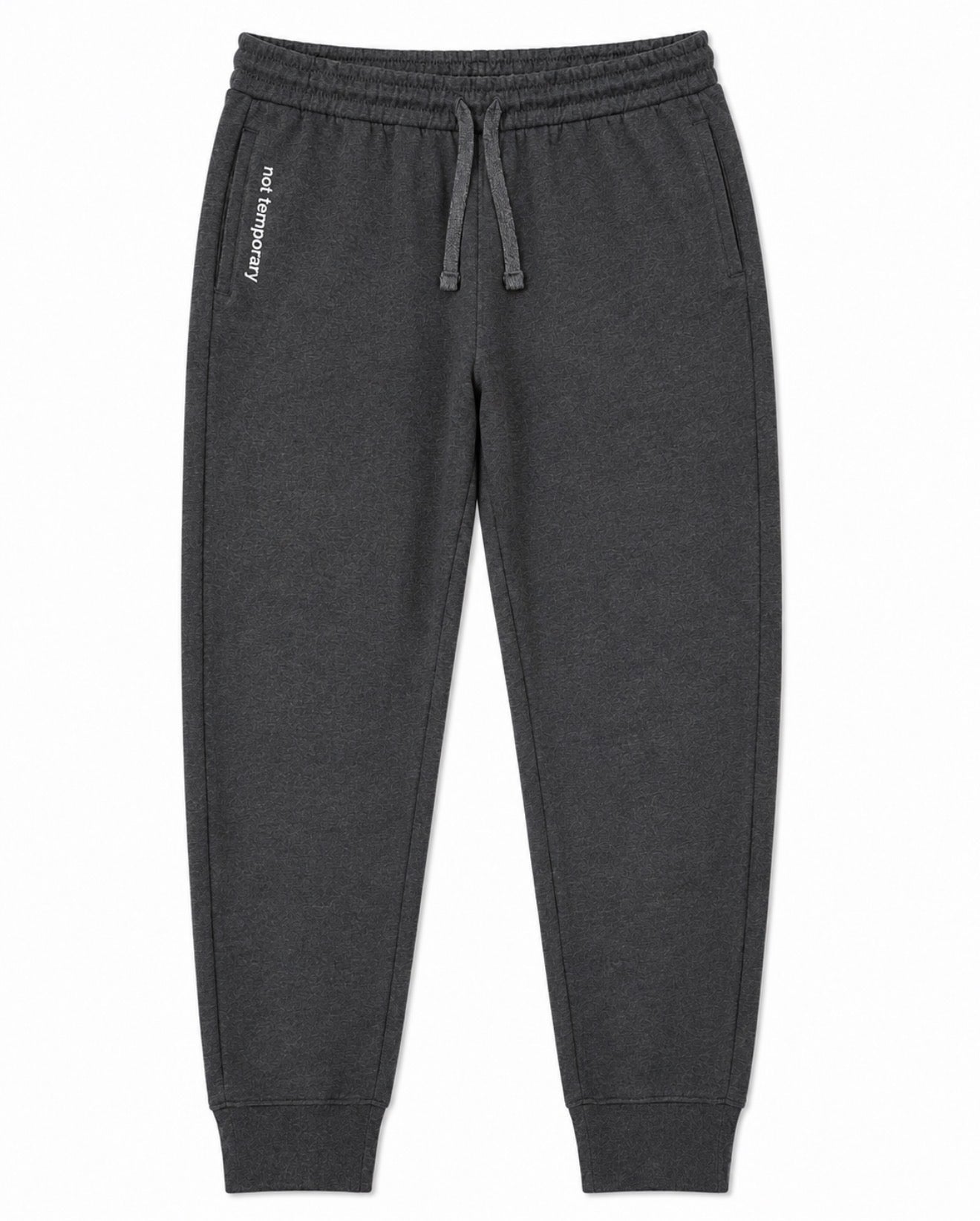 Dark gray heather jogger sweatpants with an elastic drawstring waist and ribbed cuffs, featuring a small white vertical logo on the right leg.