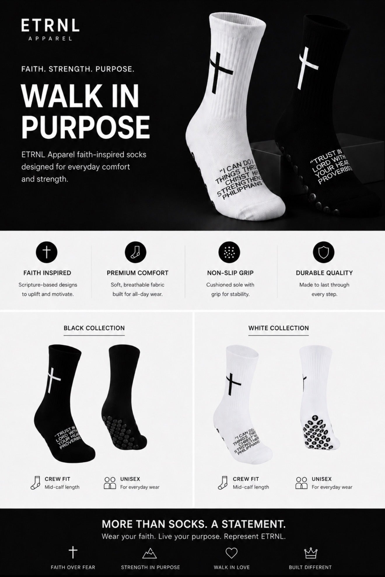 ETRNL Apparel socks with cross designs and biblical text
