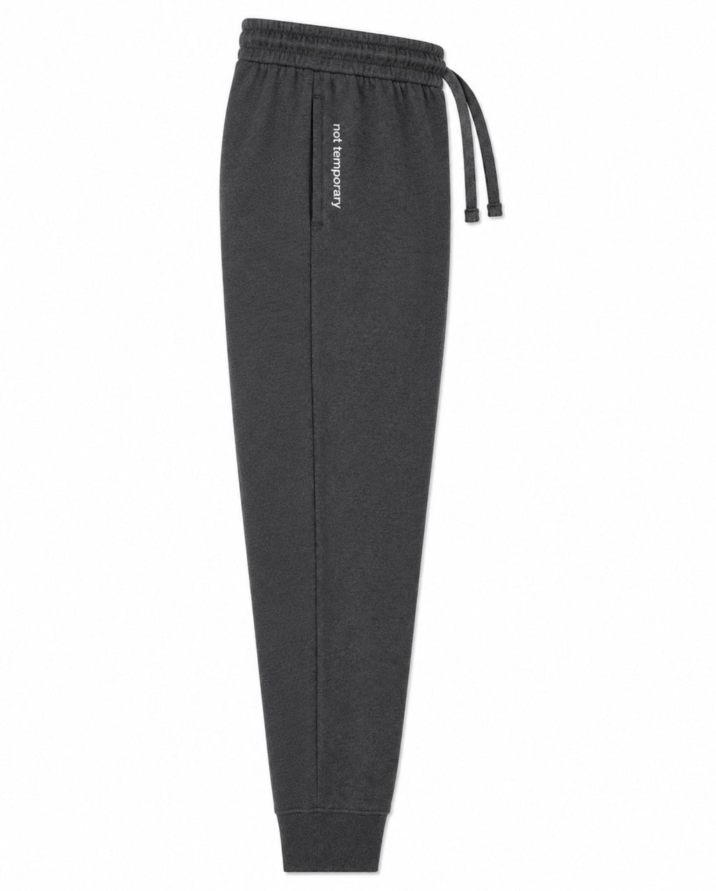 Dark gray heather jogger sweatpants with an elastic waistband, matching drawstring, and a small white vertical text logo on the right side, shown against a plain white background.