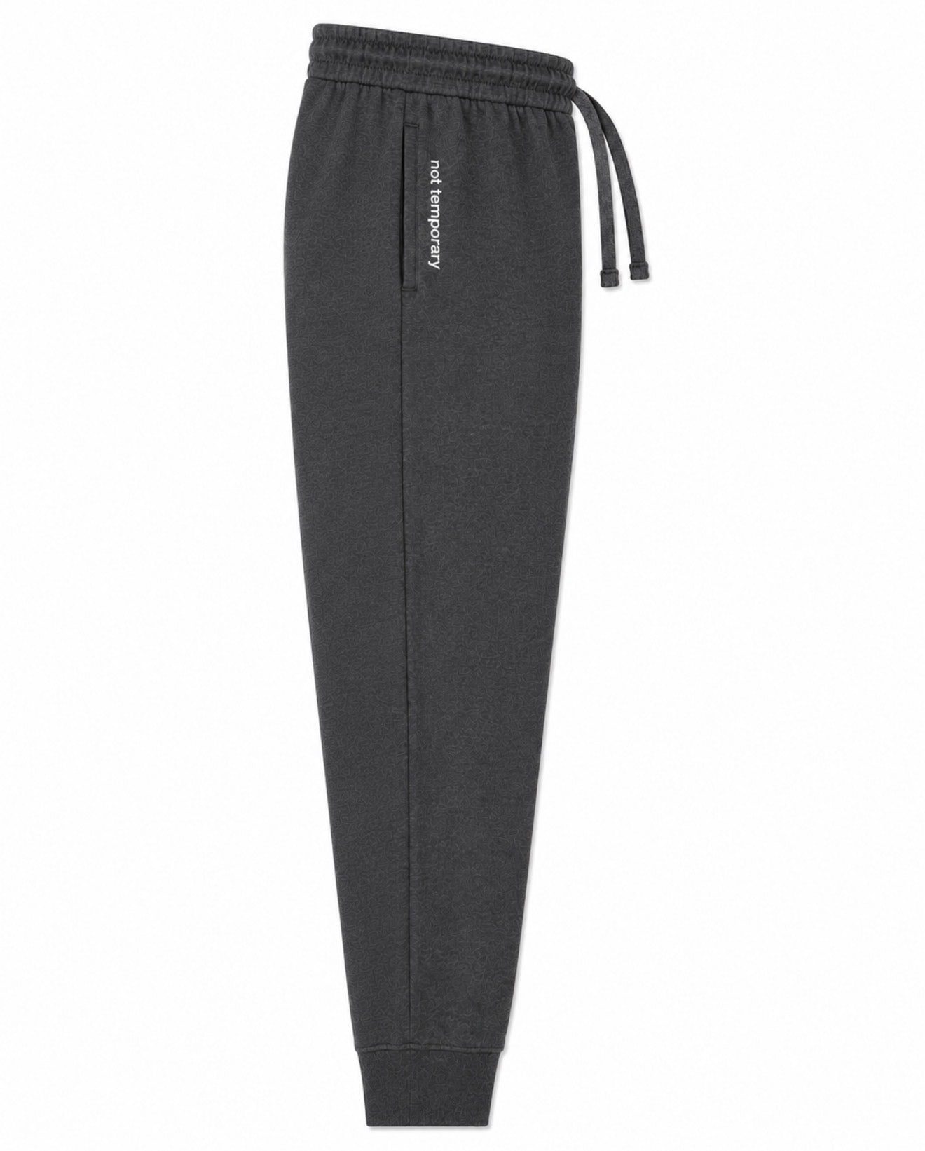 Dark gray heather jogger sweatpants with an elastic waistband, matching drawstring, and a small white vertical text logo on the right side, shown against a plain white background.