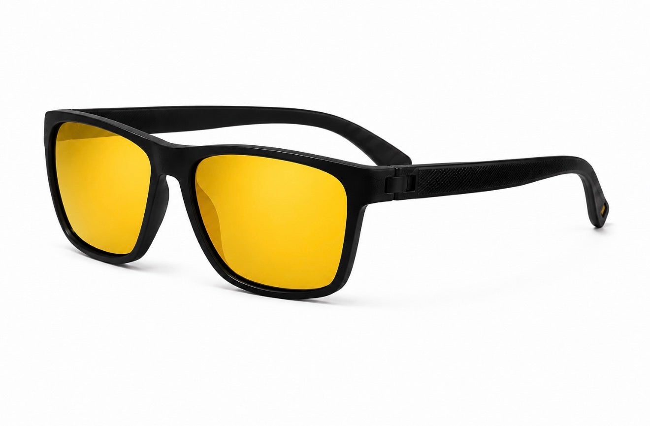 Black-framed sunglasses with yellow lenses on a white background