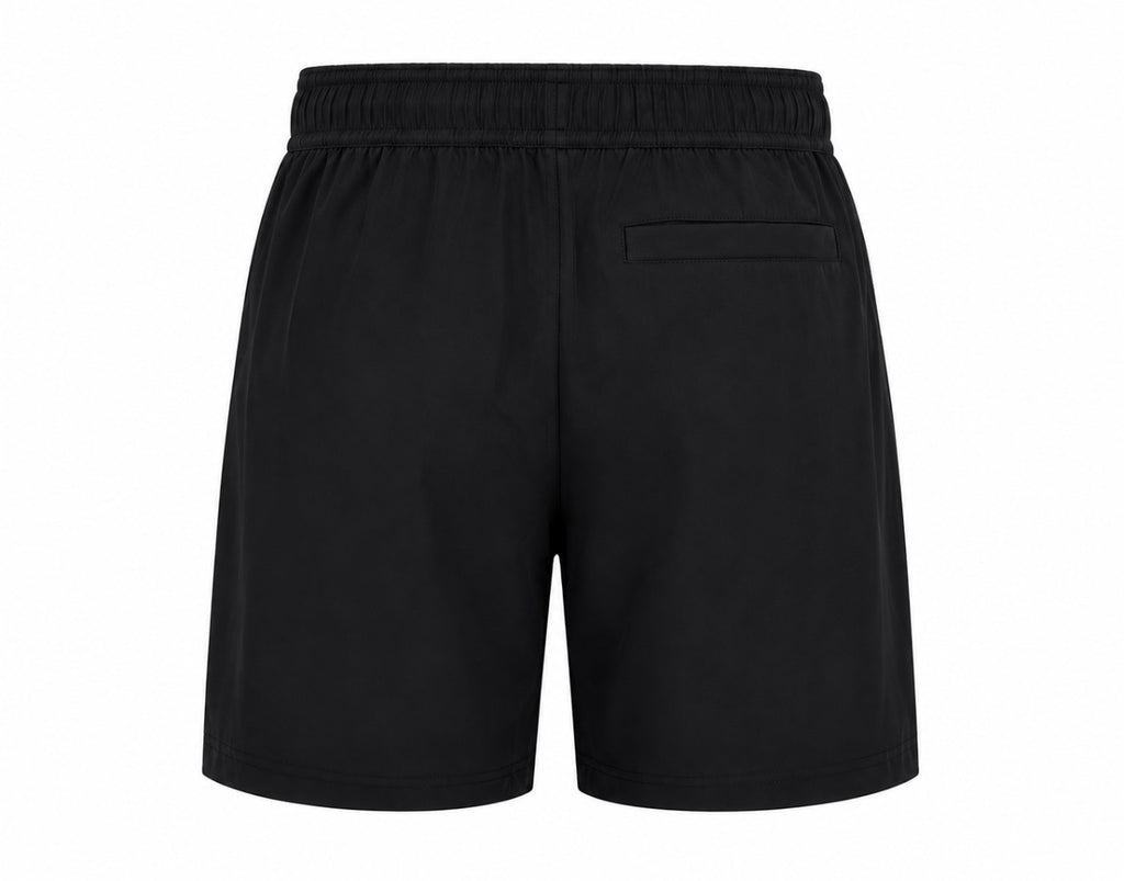 Black dry-fit shorts with open back pocket.