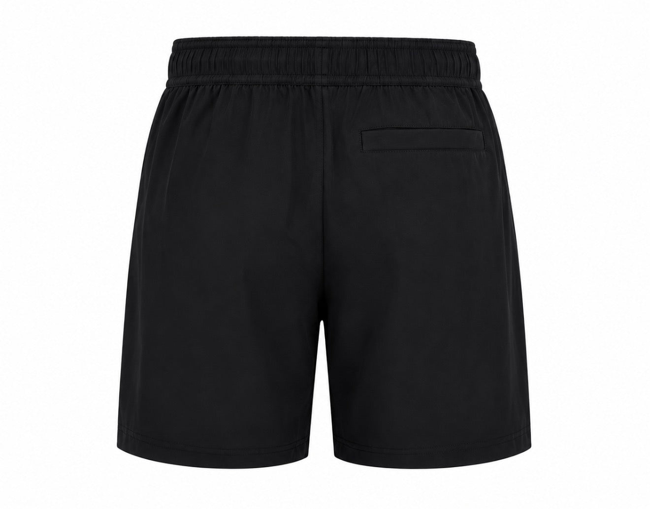 Black dry-fit shorts with open back pocket.