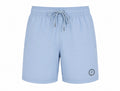 Light blue athletic shorts with an elastic drawstring waistband and a small circular cross logo on the lower left leg, shown against a plain white background.