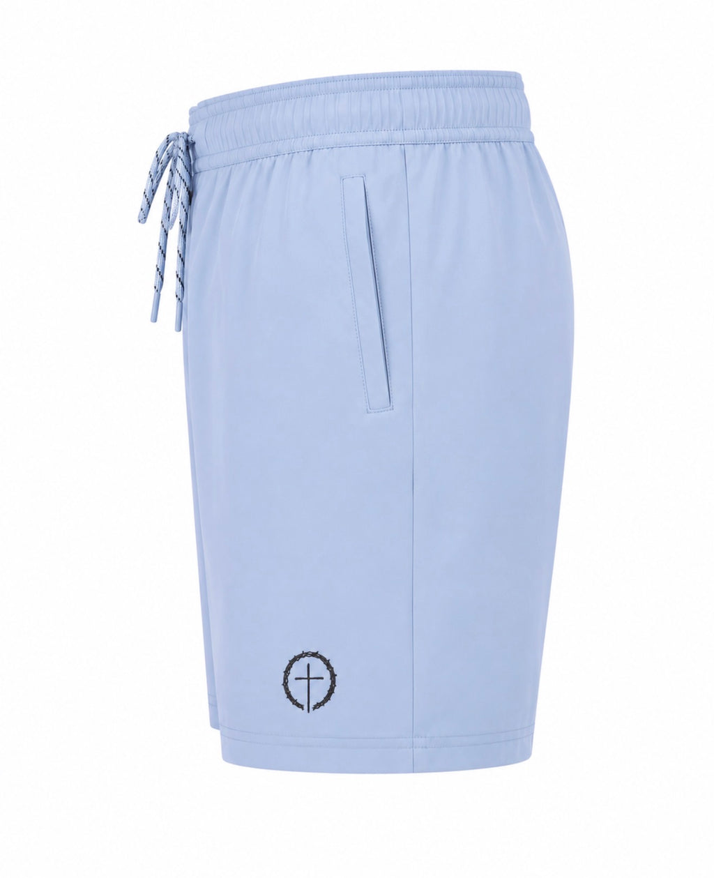 Light blue athletic shorts with an elastic drawstring waist, a side pocket, and a small black crown of thorns and cross logo near the lower left hem, shown on a plain white background.
