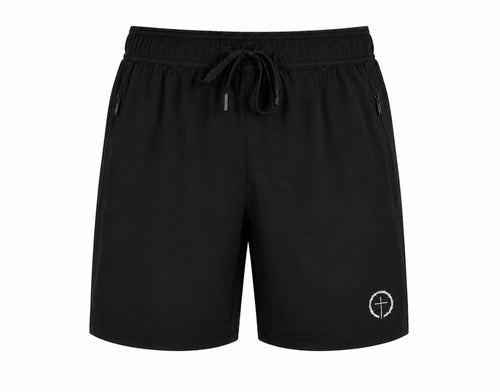 Black dry-fit shorts with adjustable drawstring, side zipper pockets, and cross with crown of thorns graphic on left leg.