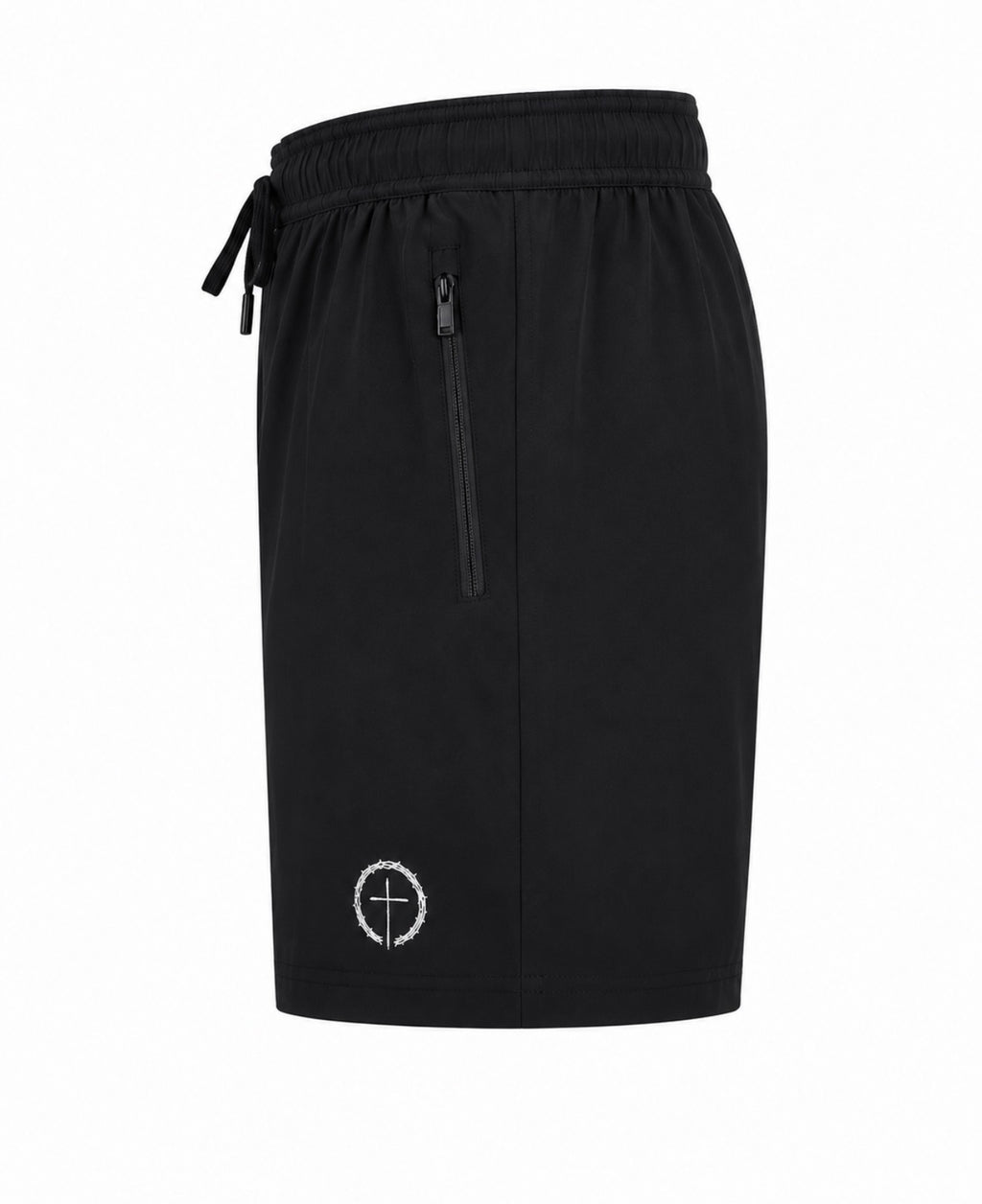 Black dry-fit shorts with side zipper pocket and logo graphic on left leg.