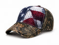 Camo baseball cap with distressed American flag print across front panels, angled view – ETRNL Apparel