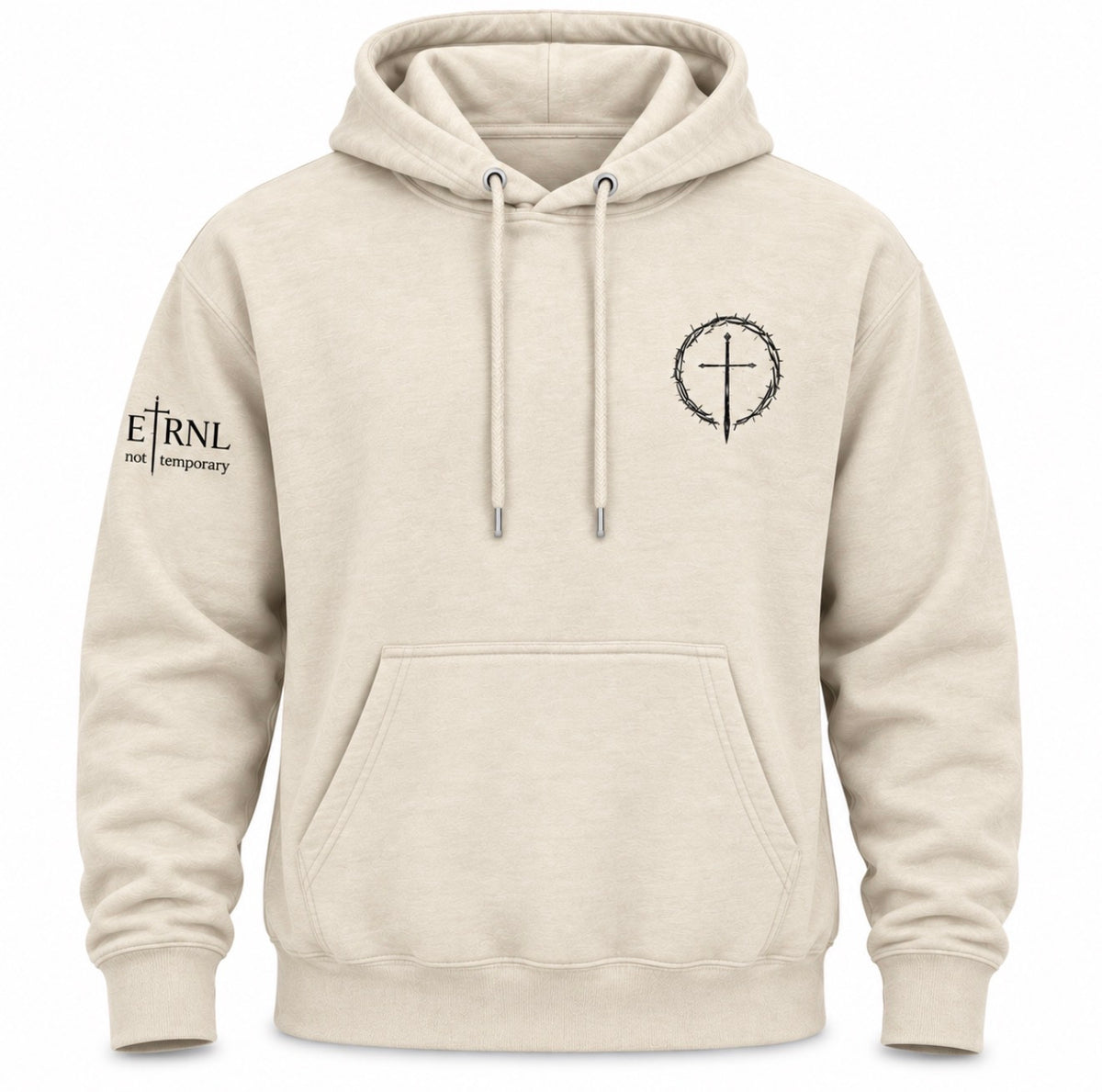 A beige pullover hoodie with a front kangaroo pocket, drawstrings, a black circular cross graphic on the left chest, and black text on the right sleeve reading 'ETRNL - Not Temporary'.