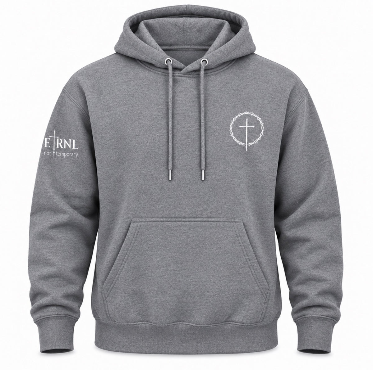 A gray pullover hoodie with a front kangaroo pocket, drawstrings, a white circular cross graphic on the left chest, and white text on the right sleeve reading 'ETRNL - Not Temporary'.