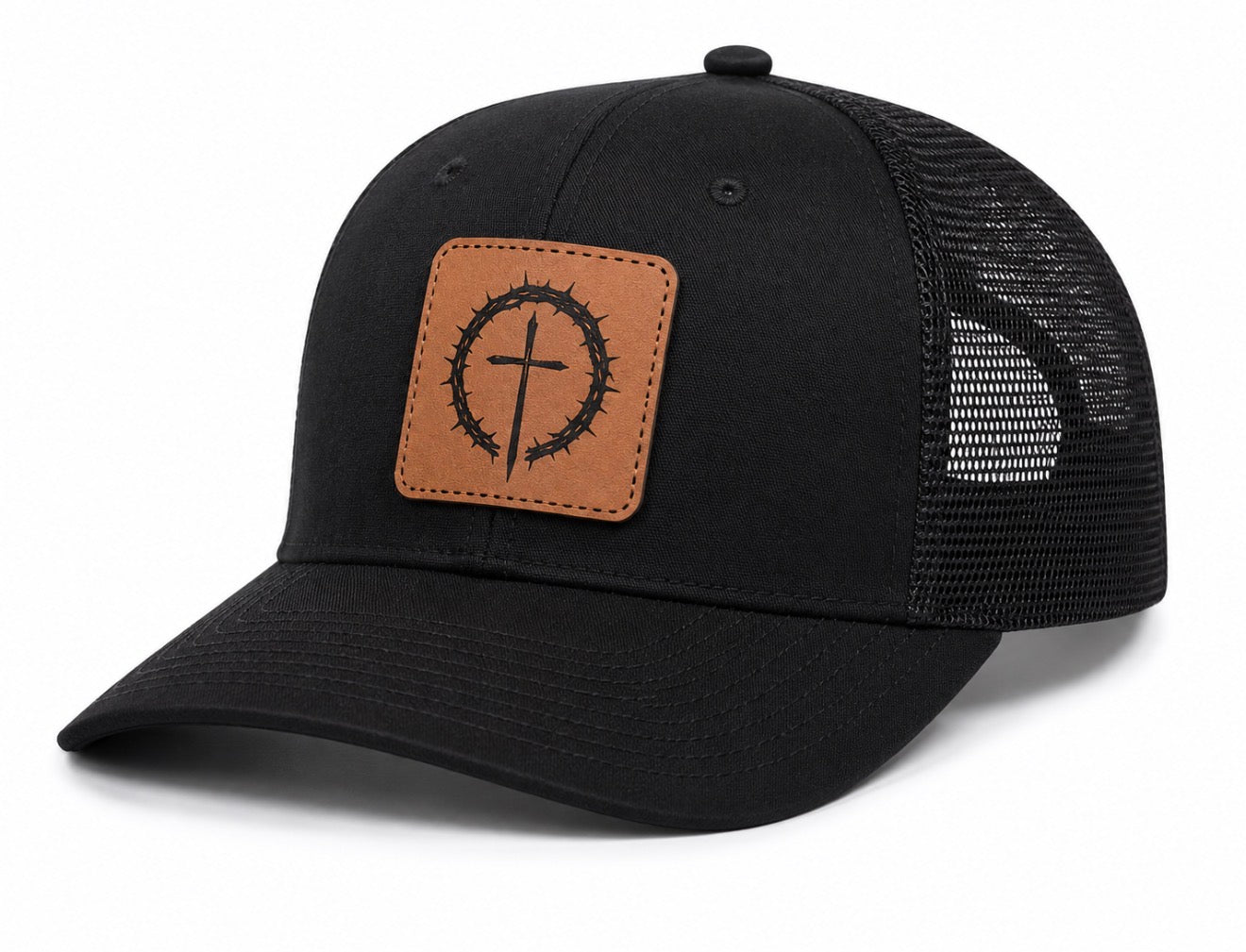 A black trucker-style cap with a brown faux-leather patch on the front featuring a black thorny cross design, set against a plain white background.