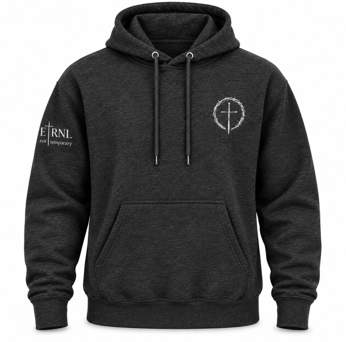 A heather black pullover hoodie with a front kangaroo pocket, drawstrings, a white circular cross graphic on the left chest, and white text on the right sleeve reading 'ETRNL - Not Temporary'.