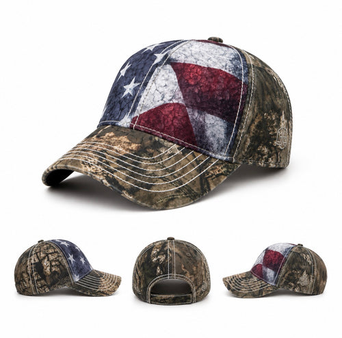 Camo baseball cap with distressed American flag print, multi-angle view showing front, back, and sides – ETRNL Apparel