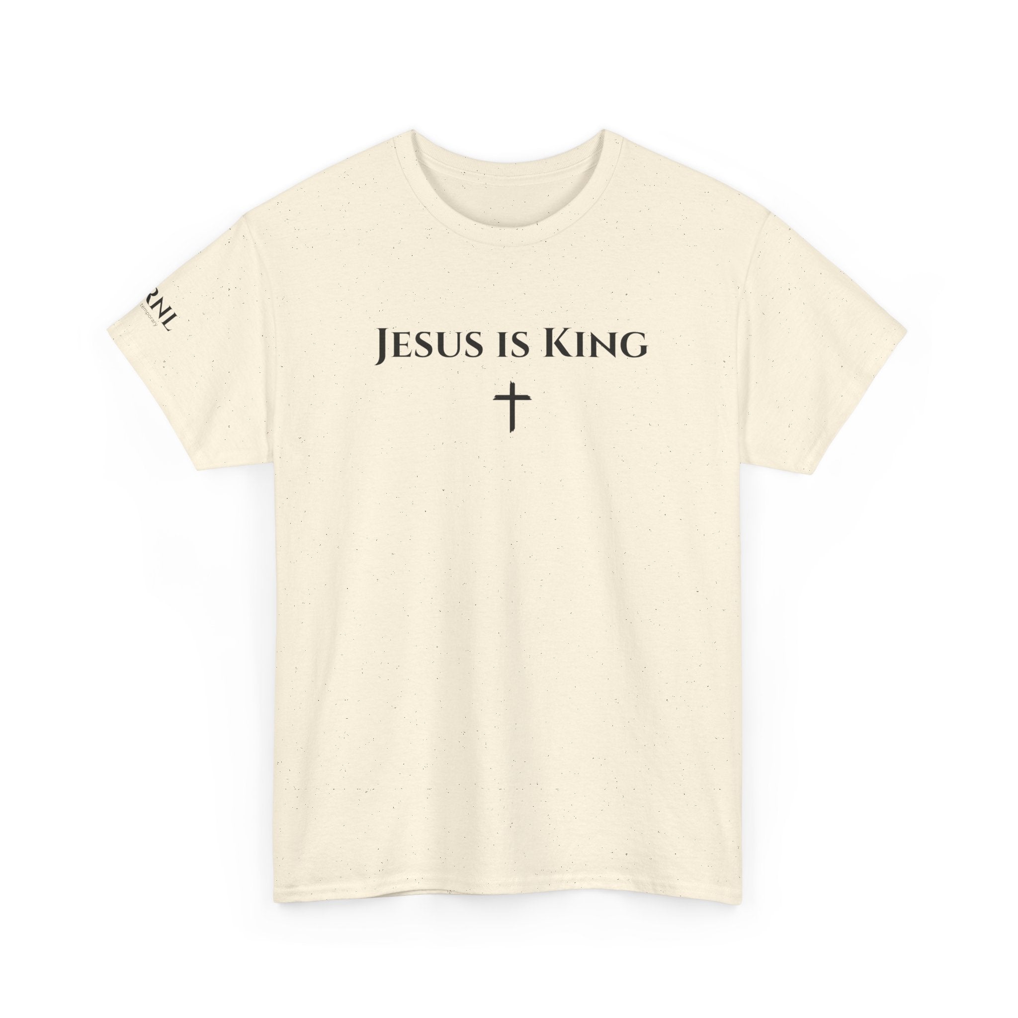 Beige t-shirt with 'Jesus is King' text and cross on front
