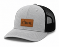 Heather gray cap with black mesh back and brown leather patch