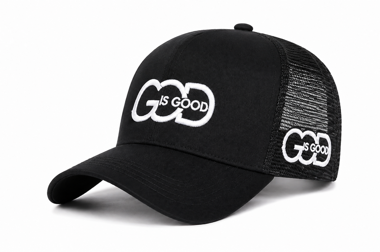 Black mesh trucker hat with bold white 'God is Good' embroidery on front panel and side – ETRNL Apparel