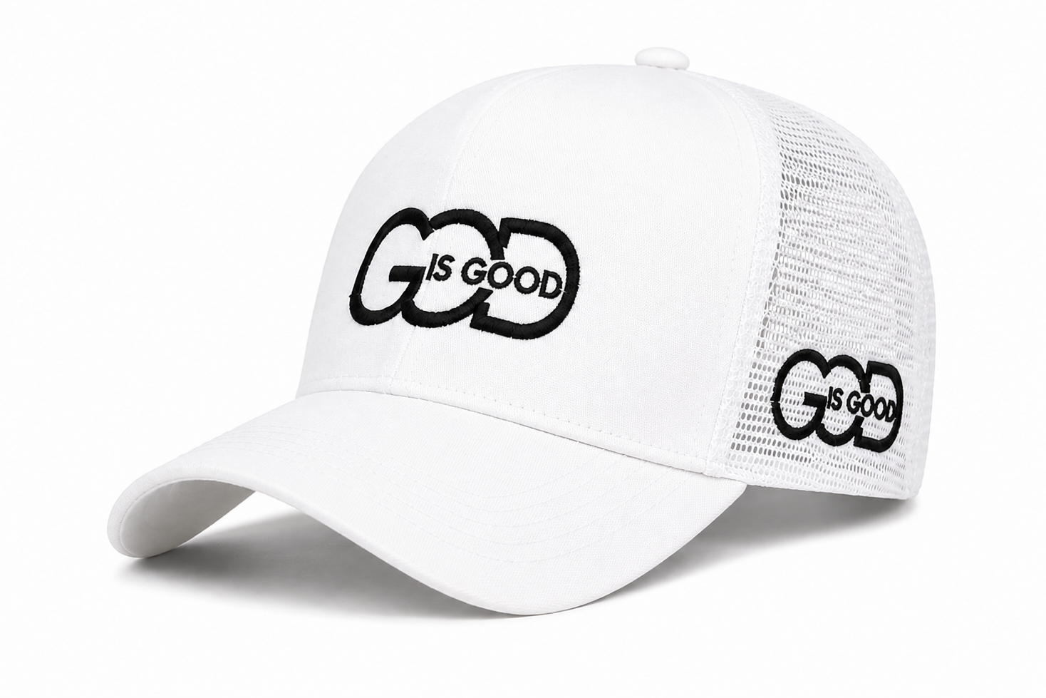 White mesh trucker hat with bold black 'God is Good' embroidery on front panel and side – ETRNL Apparel